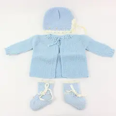 Handmade Blue White Knitted Baby Set 0-3M Jacket Hat Booties