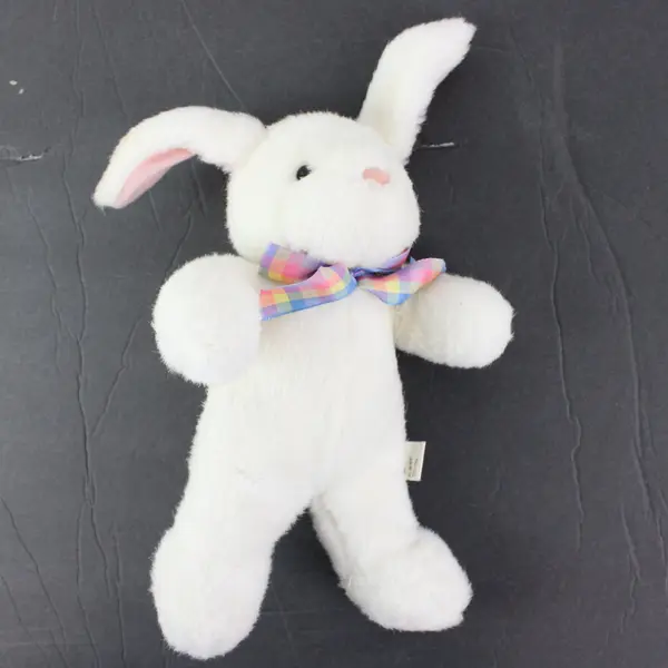 Hallmark White Rabbit Plush Rainbow Checkered Bow Stuffed Animal 12"