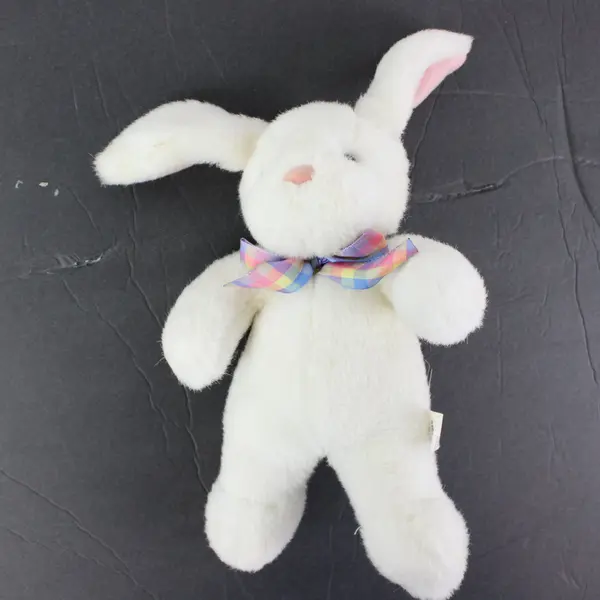 Hallmark White Rabbit Plush Rainbow Checkered Bow Stuffed Animal 12"