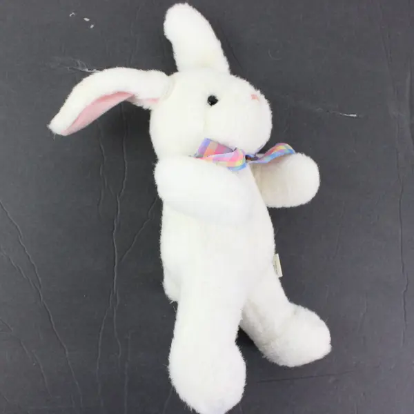Hallmark White Rabbit Plush Rainbow Checkered Bow Stuffed Animal 12"