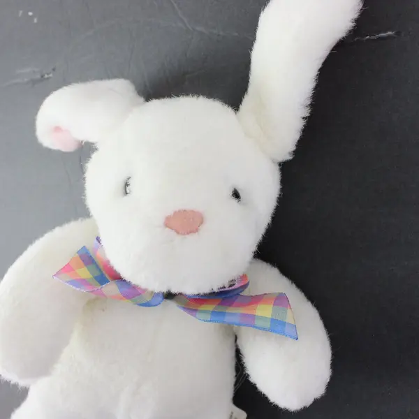 Hallmark White Rabbit Plush Rainbow Checkered Bow Stuffed Animal 12"