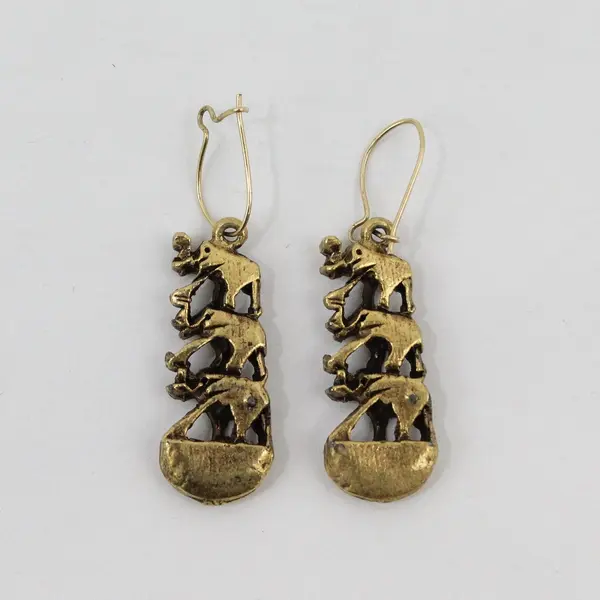 Vintage-Style Gold Tone Tiered Elephant Dangle Pierced Earrings in box 