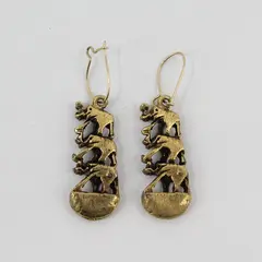 Vintage-Style Gold Tone Tiered Elephant Dangle Pierced Earrings in box 