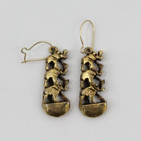 Vintage-Style Gold Tone Tiered Elephant Dangle Pierced Earrings in box 