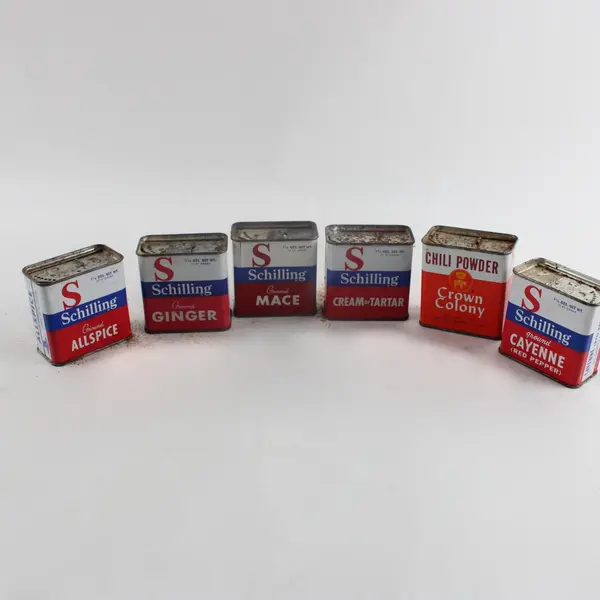 Lot of 6 Vintage Schilling & Crown Colony Advertising Spice Tins Mace Ginger