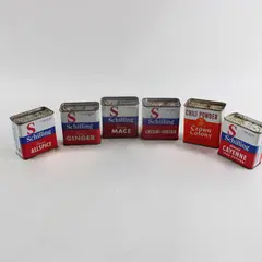Lot of 6 Vintage Schilling & Crown Colony Advertising Spice Tins Mace Ginger