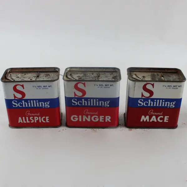 Lot of 6 Vintage Schilling & Crown Colony Advertising Spice Tins Mace Ginger