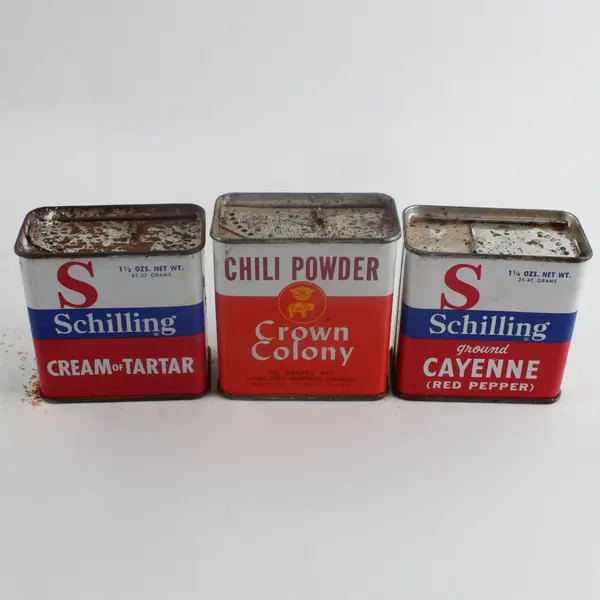 Lot of 6 Vintage Schilling & Crown Colony Advertising Spice Tins Mace Ginger