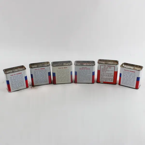 Lot of 6 Vintage Schilling & Crown Colony Advertising Spice Tins Mace Ginger