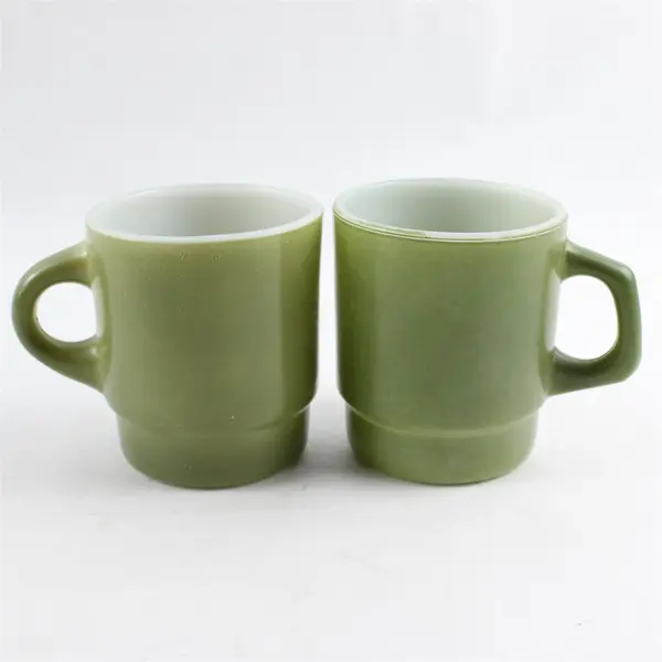 Set of 2 60's Vintage Anchor Hocking Fire King Ware Green Stackable Mug 