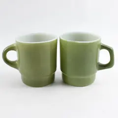 Set of 2 60's Vintage Anchor Hocking Fire King Ware Green Stackable Mug 