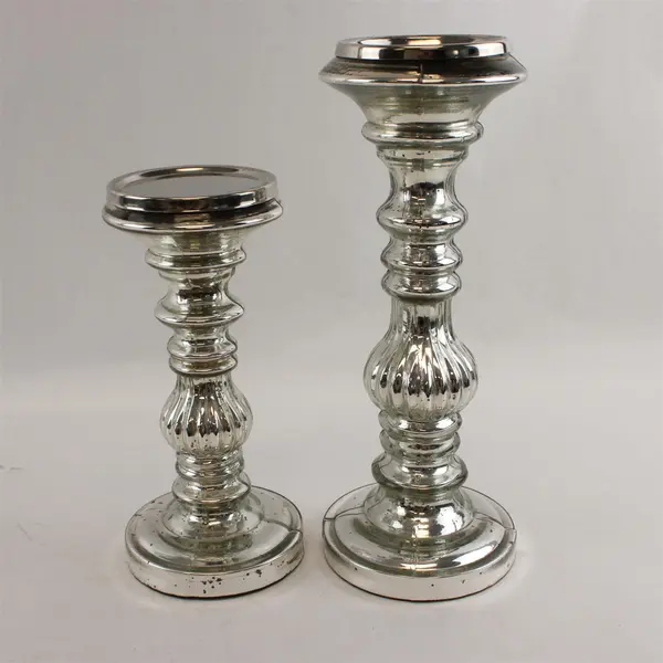 Set of 2 Mercury Glass Pedestal Candle Holders Silver Finish