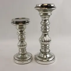 Set of 2 Mercury Glass Pedestal Candle Holders Silver Finish