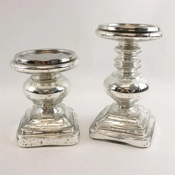 Set of 2 Mercury Glass Square Pedestal Candle Holders Silver Finish