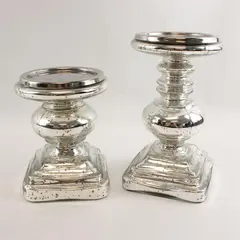 Set of 2 Mercury Glass Square Pedestal Candle Holders Silver Finish