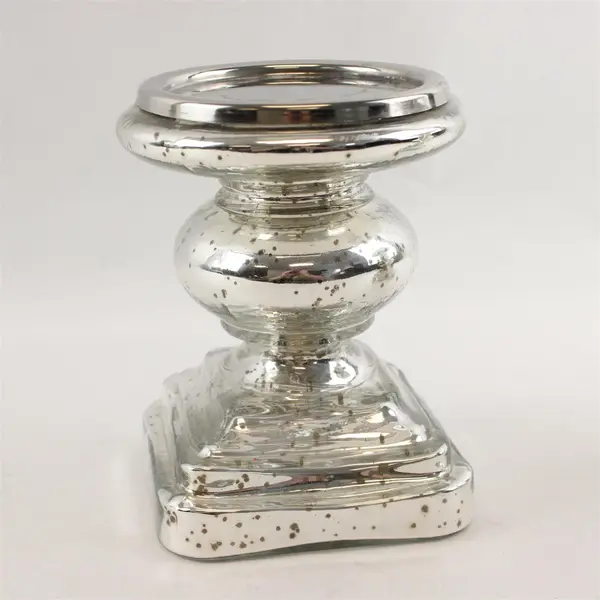 Set of 2 Mercury Glass Square Pedestal Candle Holders Silver Finish
