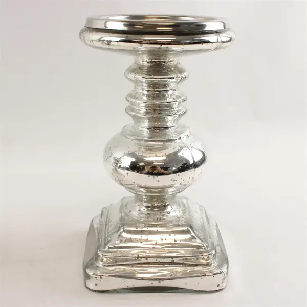 Set of 2 Mercury Glass Square Pedestal Candle Holders Silver Finish