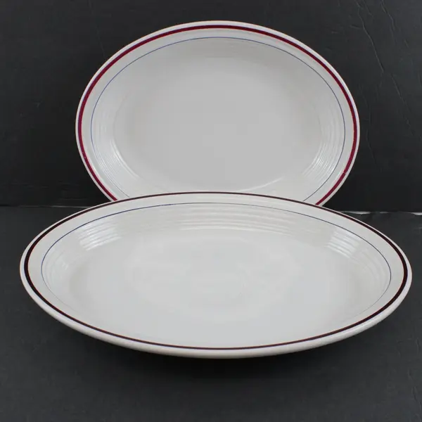 Set of 2 Homer Laughlin Restaurant Ware Platters Burgundy Blue Stripes