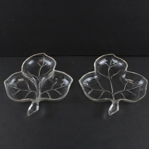 Set of 2 Hazel Atlas Clear Glass Vintage Leaf Dishes Relish Nut Candy