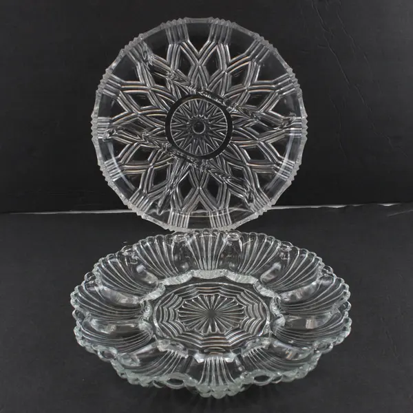 Lot of 2 Vintage Anchor Hocking Clear Cut Glass Serving Platters