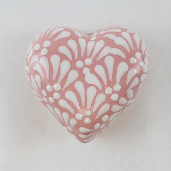 Mexican Talavera Ceramic Heart Trinket Box Hand-Painted Pink & White