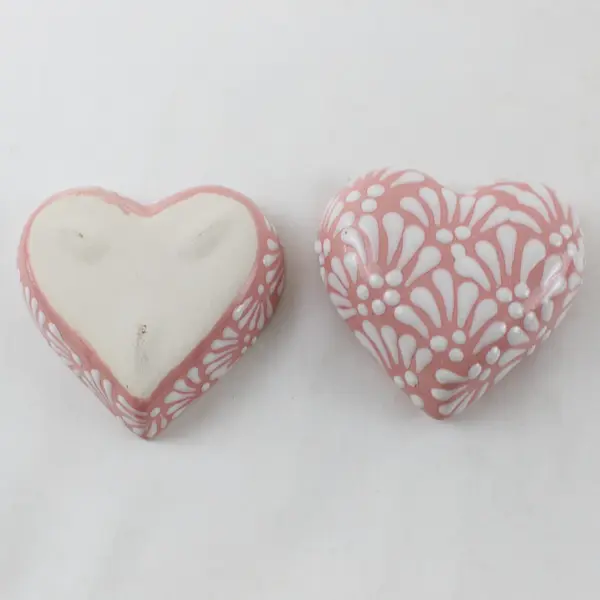 Mexican Talavera Ceramic Heart Trinket Box Hand-Painted Pink & White