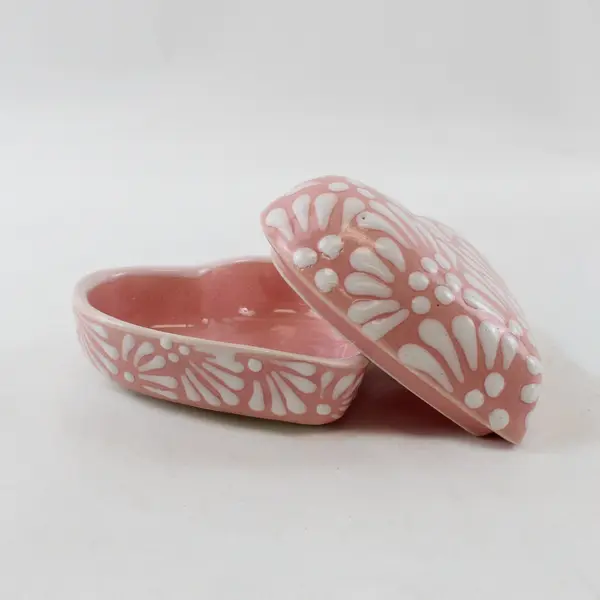Mexican Talavera Ceramic Heart Trinket Box Hand-Painted Pink & White