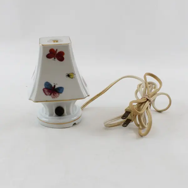 Vintage White Porcelain Accent Lamp Hand-Painted Butterfly Insect