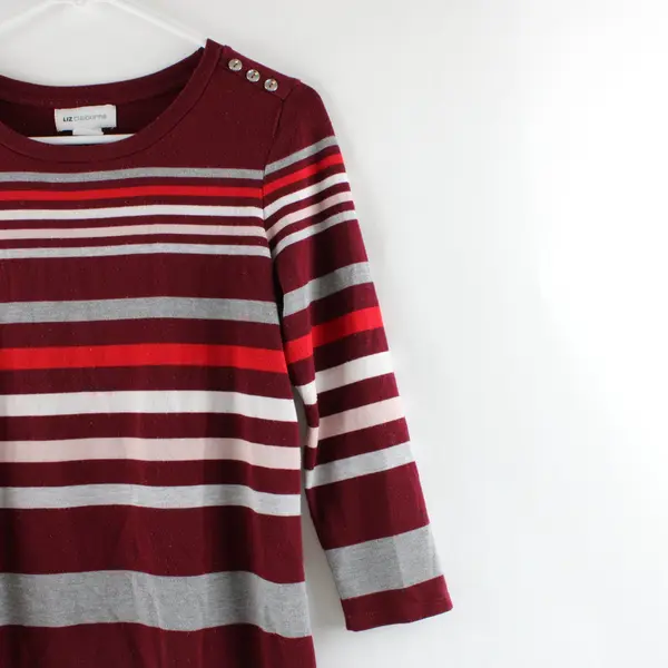 Liz Claiborne Women's Small Striped 3/4 Sleeve Top Red Pink Gray