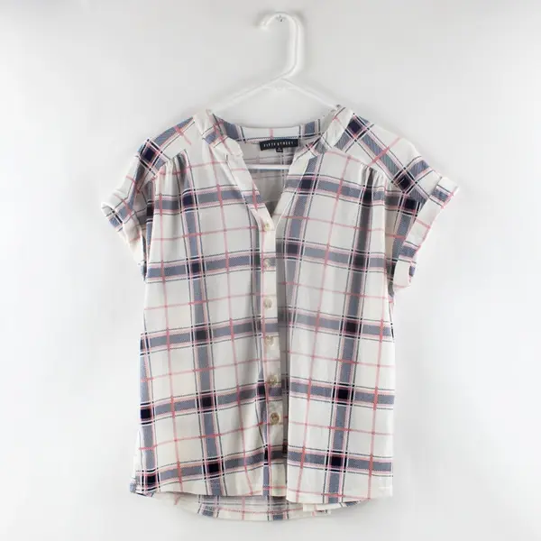 Fifty Street Women's Small Plaid Button-Up Shirt Blue Pink White Short Sleeve