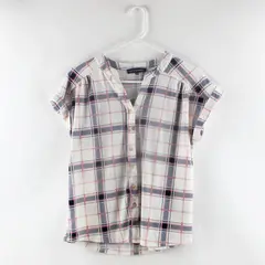 Fifty Street Women's Small Plaid Button-Up Shirt Blue Pink White Short Sleeve