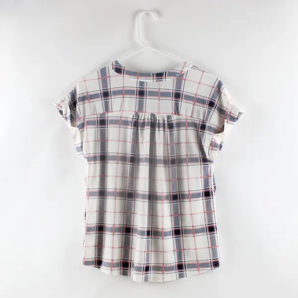 Fifty Street Women's Small Plaid Button-Up Shirt Blue Pink White Short Sleeve