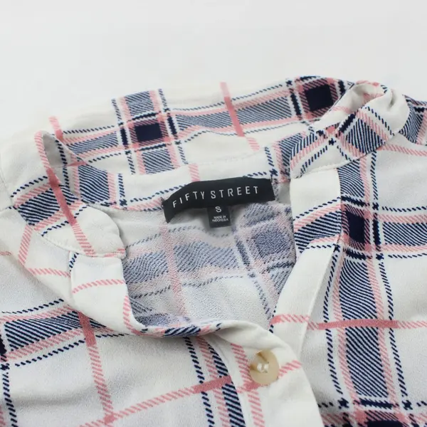 Fifty Street Women's Small Plaid Button-Up Shirt Blue Pink White Short Sleeve