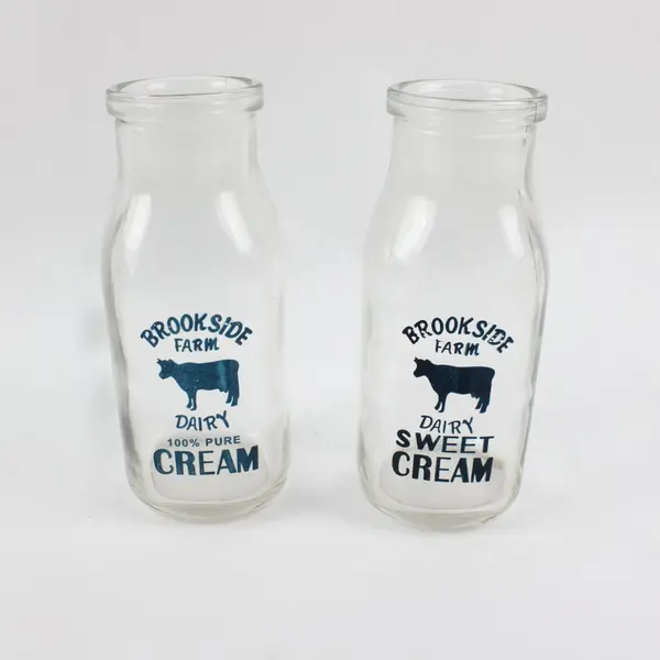 Lot of 2 Vintage Brookside Farm Dairy Half-Pint Glass Cream Bottles, 5.8" Tall 