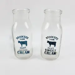 Lot of 2 Vintage Brookside Farm Dairy Half-Pint Glass Cream Bottles, 5.8" Tall 