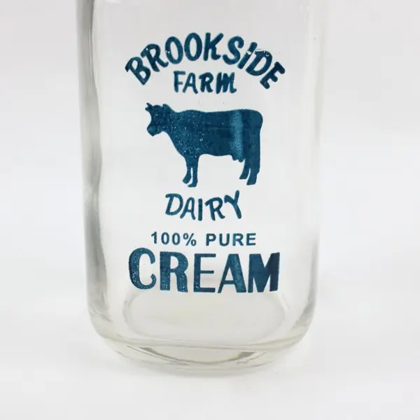 Lot of 2 Vintage Brookside Farm Dairy Half-Pint Glass Cream Bottles, 5.8" Tall 