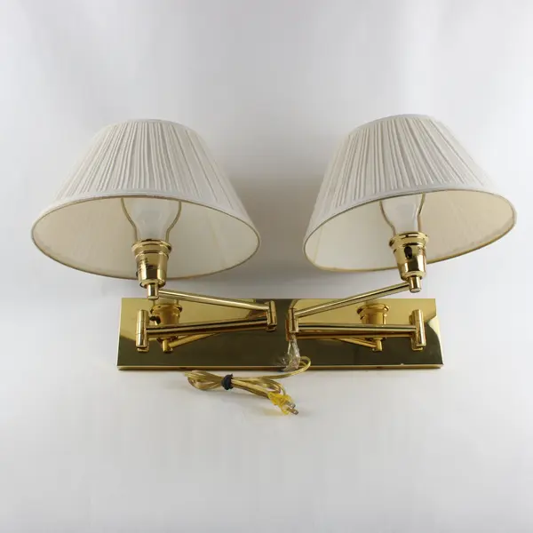 Adjustable Brass Double Swing Arm Wall Lamps Ivory Pleated Shades