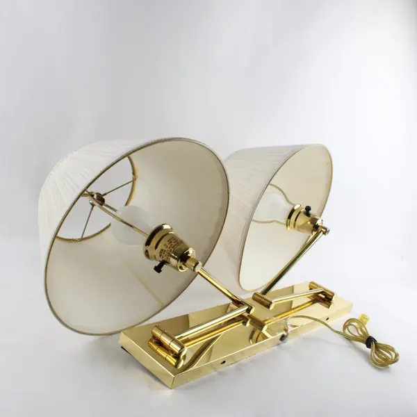 Adjustable Brass Double Swing Arm Wall Lamps Ivory Pleated Shades