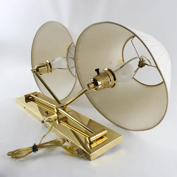 Adjustable Brass Double Swing Arm Wall Lamps Ivory Pleated Shades