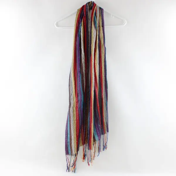 Multicolor Striped Sheer Scarf Silver Metallic Thread Accent Fringe Ends 70''