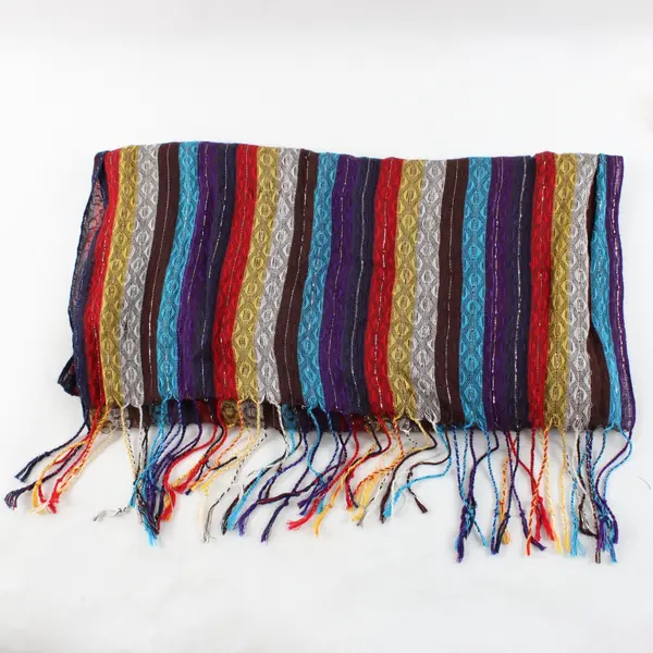 Multicolor Striped Sheer Scarf Silver Metallic Thread Accent Fringe Ends 70''
