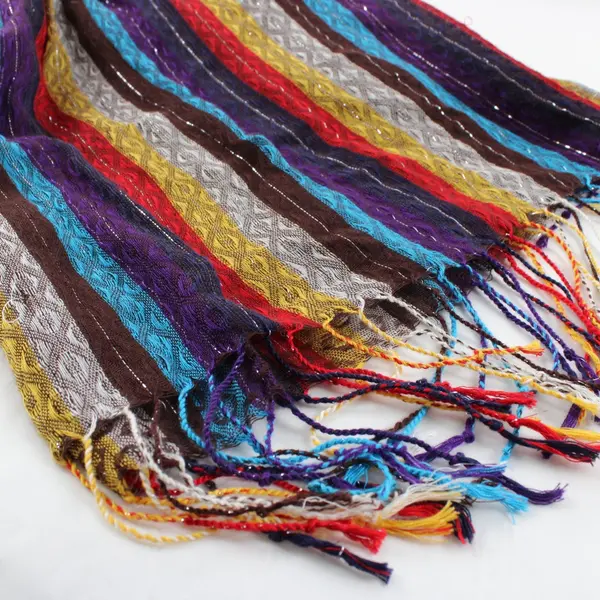 Multicolor Striped Sheer Scarf Silver Metallic Thread Accent Fringe Ends 70''