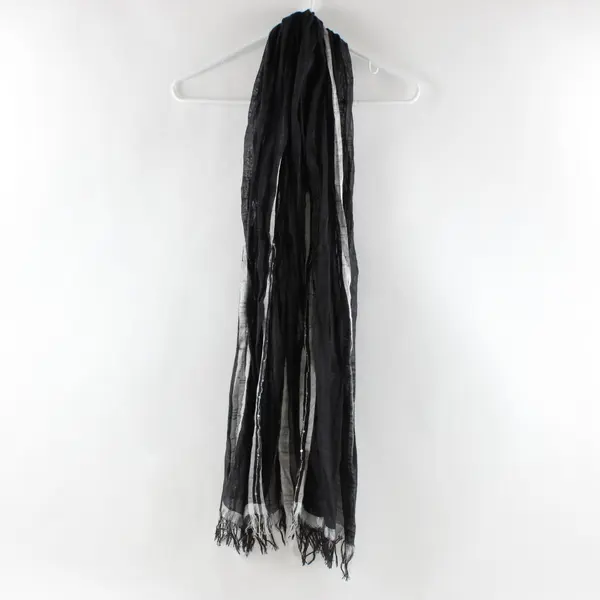 Lightweight Black & Silver Striped Sheer Scarf w/ Fringe Edge Sequin Accents 