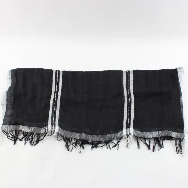 Lightweight Black & Silver Striped Sheer Scarf w/ Fringe Edge Sequin Accents 