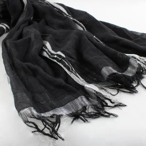 Lightweight Black & Silver Striped Sheer Scarf w/ Fringe Edge Sequin Accents 