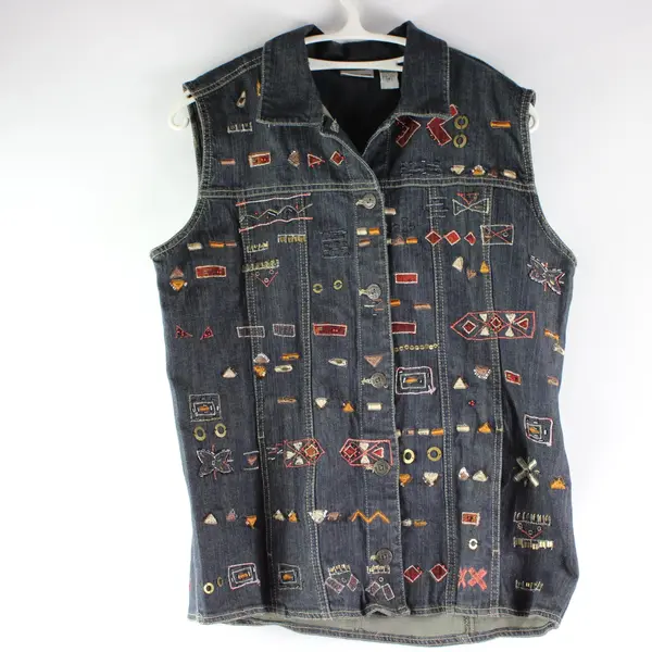 Chico's Size 2/Small Blue Denim Geo Tribal Embroidered Beaded Button Down Vest