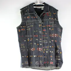 Chico's Size 2/Small Blue Denim Geo Tribal Embroidered Beaded Button Down Vest