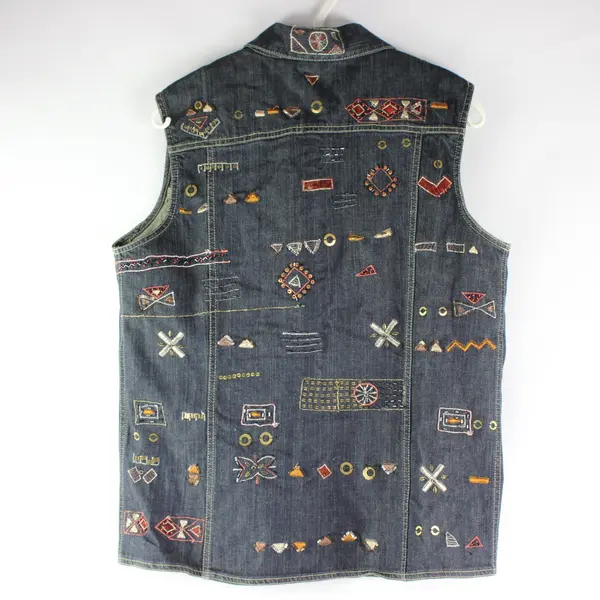 Chico's Size 2/Small Blue Denim Geo Tribal Embroidered Beaded Button Down Vest
