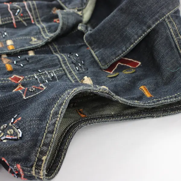Chico's Size 2/Small Blue Denim Geo Tribal Embroidered Beaded Button Down Vest