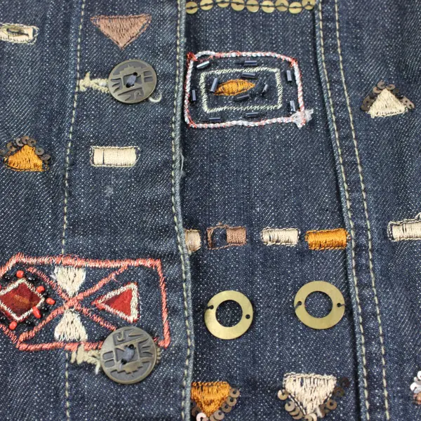 Chico's Size 2/Small Blue Denim Geo Tribal Embroidered Beaded Button Down Vest